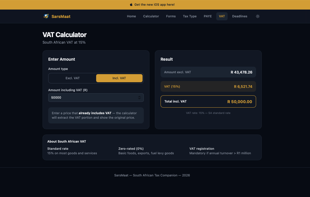 SarsMaat web app: VAT Calculator